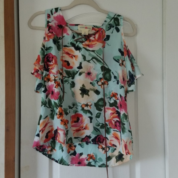 Wishful Park Tops - Teal Flower Off Shoulder Blouse